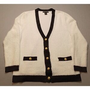 Tahari Contrast Trim‎ Fuzzy Eyelash Luxury Button Cardigan White Black XL Preppy